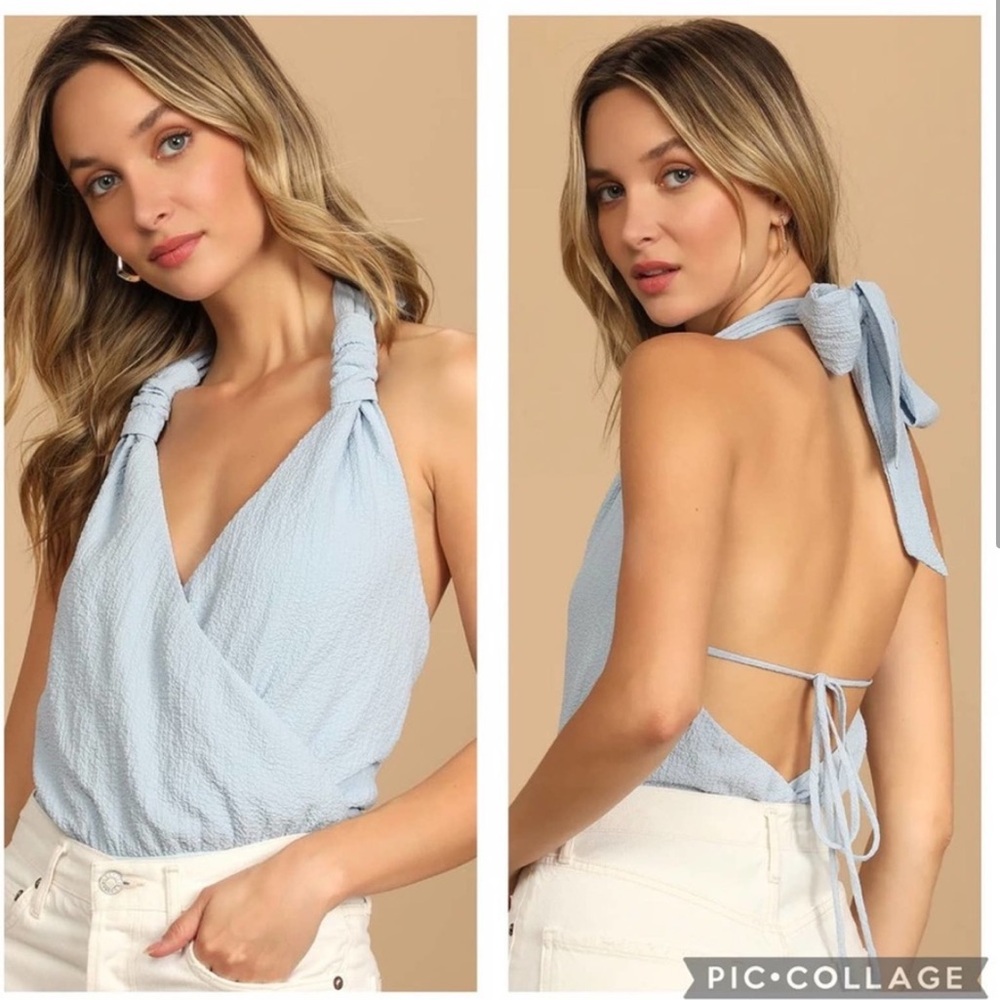NEW Lulus Baby Blue Sleeveless Halter Tie Back Surplice Style Bodysuit XL